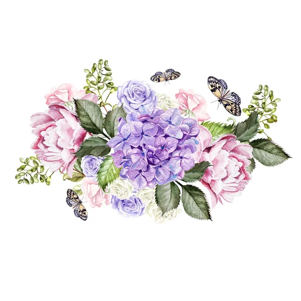 水彩婚礼花束与玫瑰, 牡丹和绣球。Ilustration — 图库照片