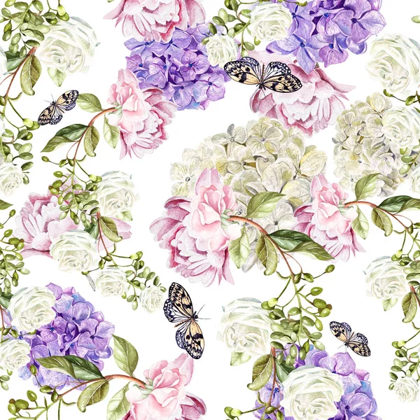 Wunderschönes Aquarellmuster mit Blumen Hortensie, Pfingstrose und Rosen. Illustration — Stockfoto