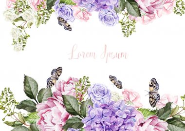 Güzel düğün kartı, hudrangea, Şakayık çiçekleri ve rose ile davet. 