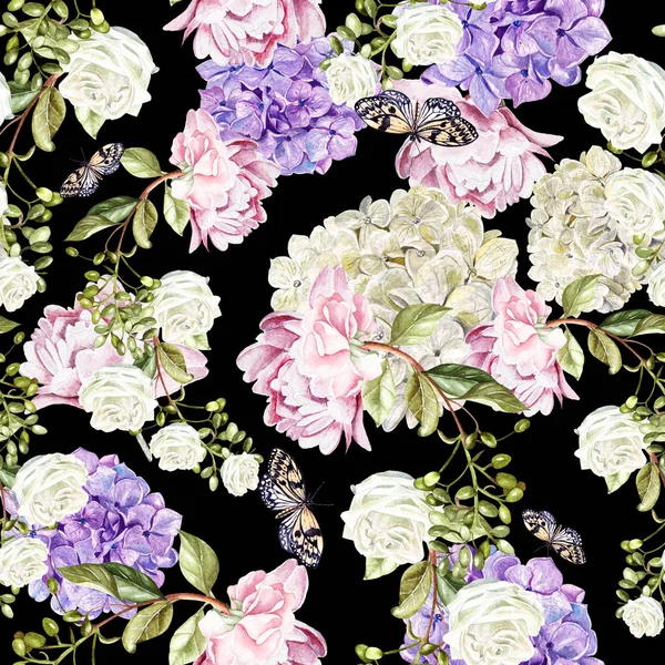 Gyönyörű akvarell minta hudrangea virágok, a pünkösdi rózsa és a rózsa. — Stock Fotó