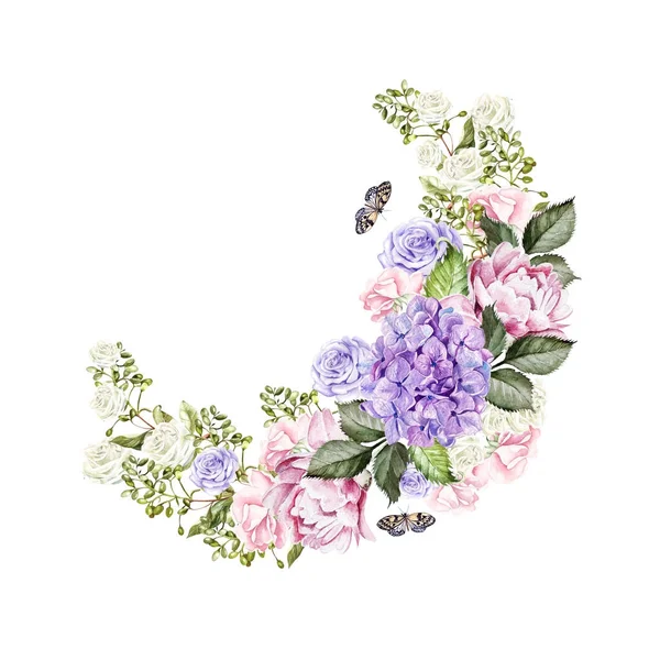 Beautiful, bright watercolor wreath with roses, peony, hudrangea and butterflies. — Stock Photo, Image