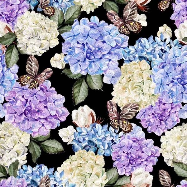 Wunderschönes Aquarellmuster mit Blumen Hortensie und Baumwolle. — Stockfoto