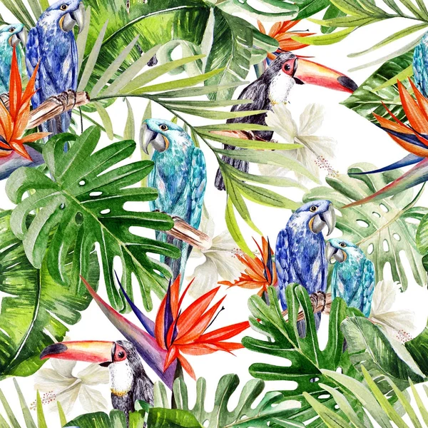 Gyönyörű akvarell zökkenőmentes, trópusi dzsungel virágmintás háttér pálmalevél, Hibiszkusz virág, madár tukan és papagáj. — Stock Fotó