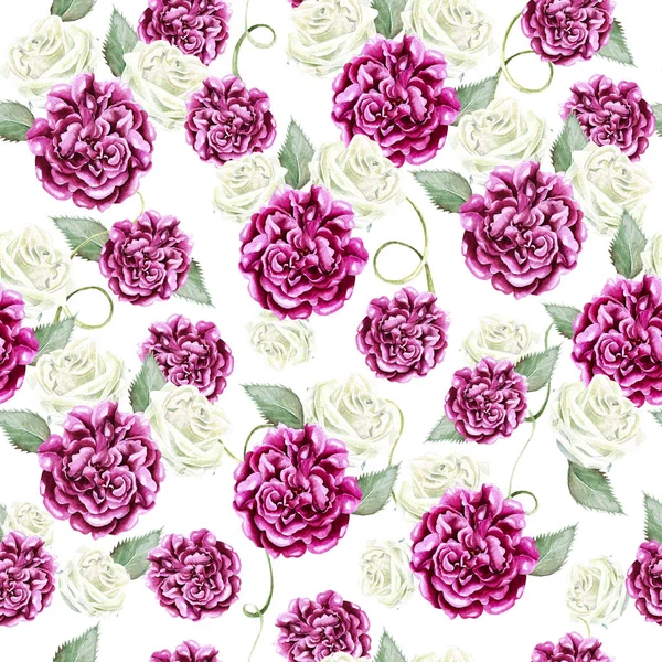Wunderschönes Aquarellmuster mit Blumen Rose und Pfingstrose. — Stockfoto