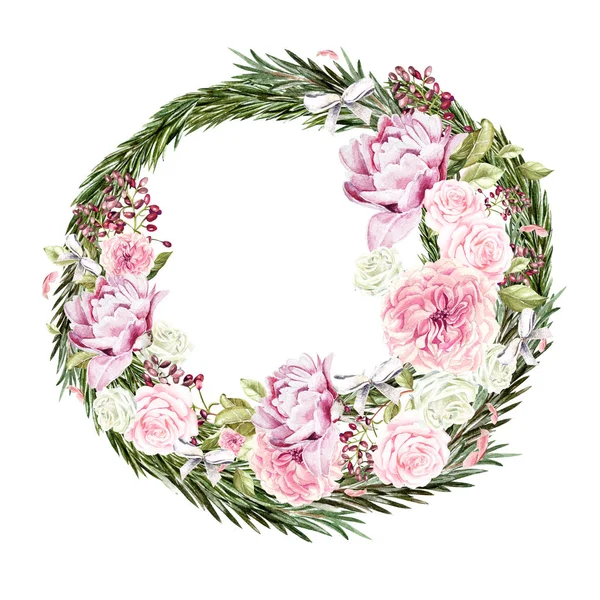 Beautiful, bright Happy new year watercolor wreath with roses, peony and berry. — Stock Photo, Image