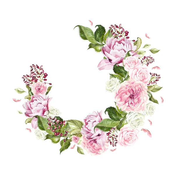 Beautiful, bright watercolor wreath with roses, peony and berry. — Stock Photo, Image