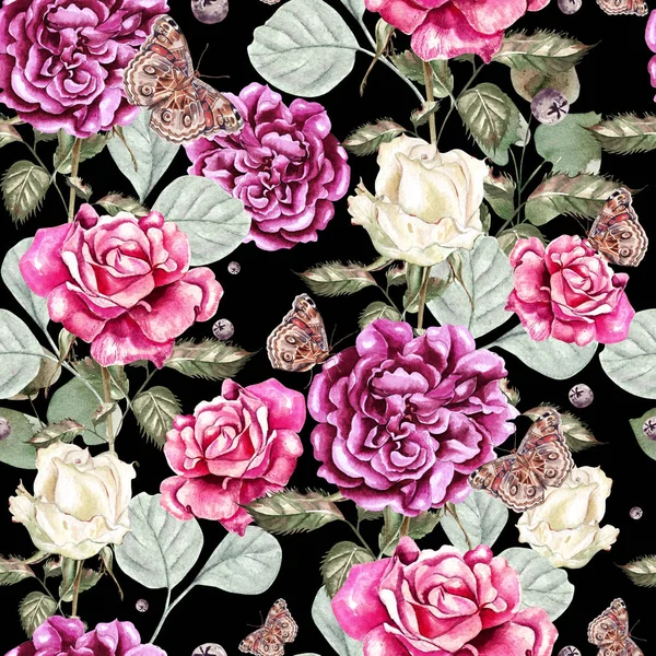 Bellissimo modello ad acquerello con fiori rosa e farfalla . — Foto Stock