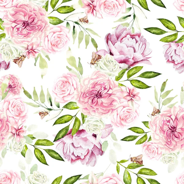 Bellissimo modello ad acquerello con fiori rosa e peonia . — Foto Stock