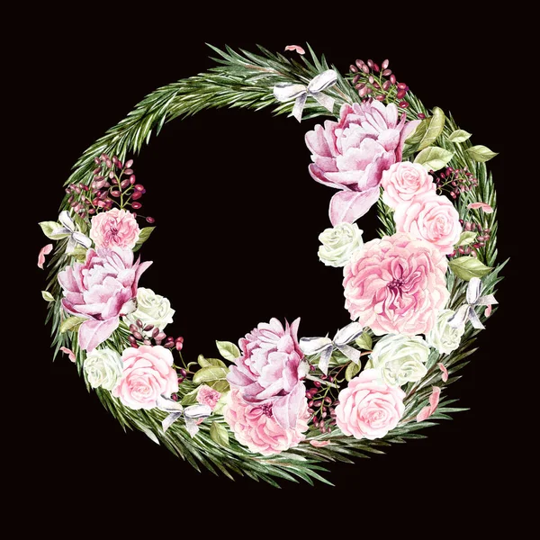 Beautiful, bright Happy new year watercolor wreath with roses, peony and berry. — Stock Photo, Image