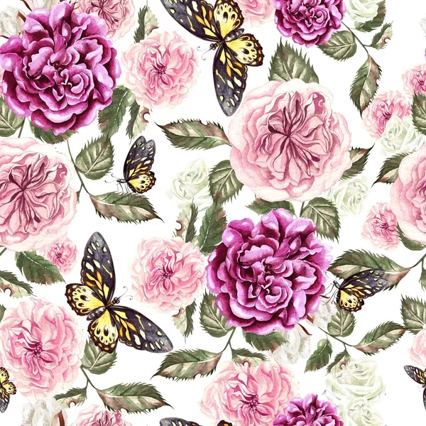 Акварельный узор с цветами розы и бабочки . — стоковое фото