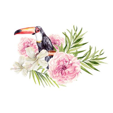Toucan kuş ve bir palmiye ağacının yaprakları, rose ve hibiscus çiçek ile güzel bir suluboya buket. 