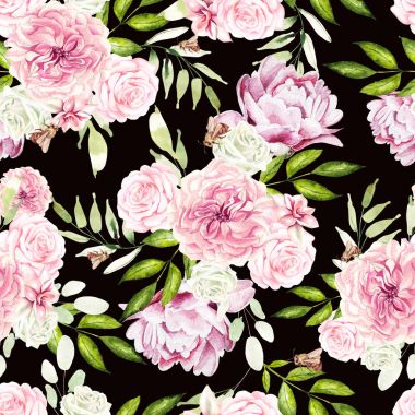 Çiçek gül ve Şakayık güzel suluboya desen. 