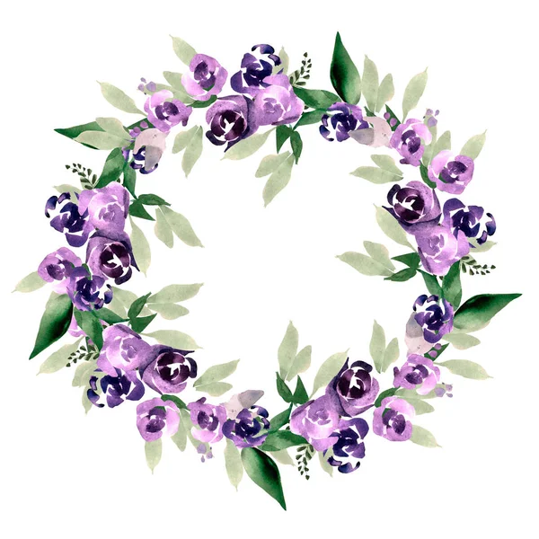 Belle couronne d'aquarelle avec des fleurs violettes . — Photo