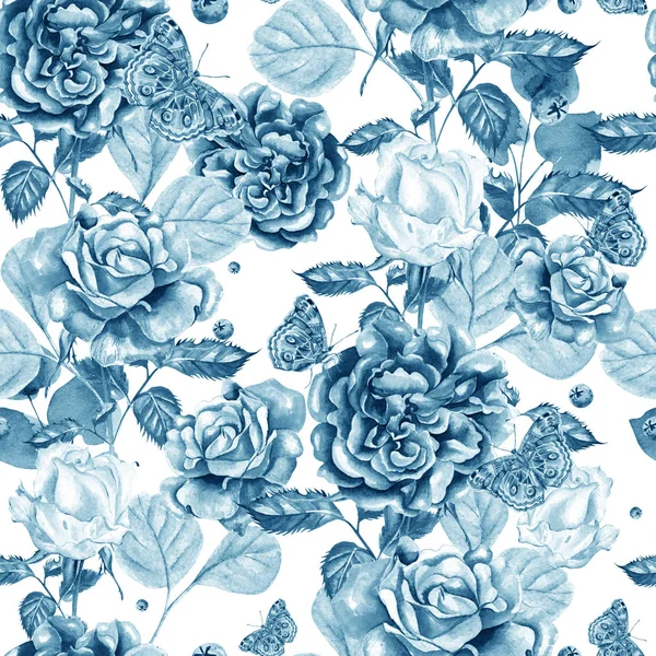 Wunderschönes Aquarellmuster mit Blumen Rose und Schmetterling. — Stockfoto