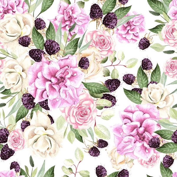 花ローズとブラックベリーと美しい水彩画パターン. — ストック写真