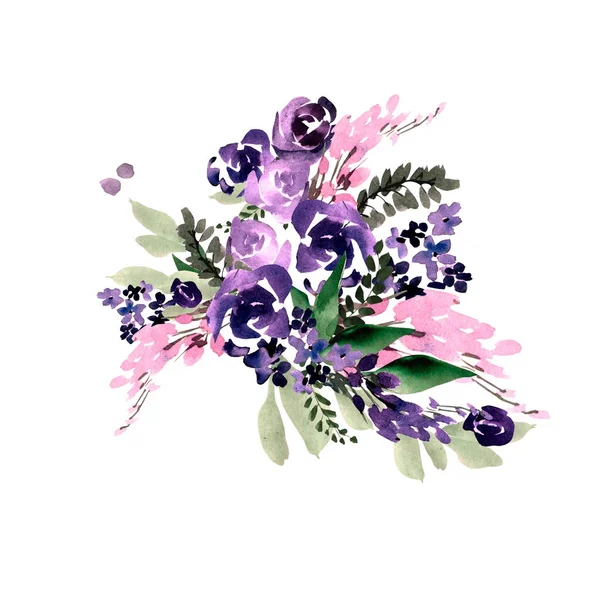 Gyönyörű akvarell menyasszonyi csokor, lila virágok. — Stock Fotó
