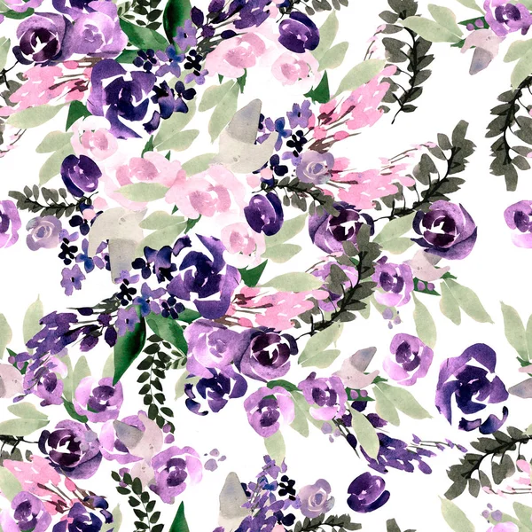 Bellissimo modello ad acquerello con fiori viola e rosa . — Foto Stock