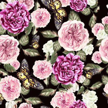 Çiçek gül ve kelebek ile güzel suluboya desen. 