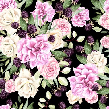 Çiçek gül ve blackberry ile güzel suluboya desen. 