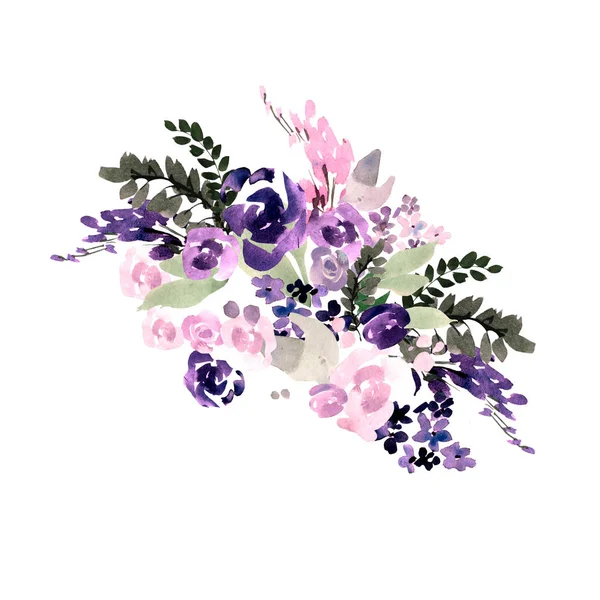 Prachtige aquarel bruiloft boeket met paarse bloemen. — Stockfoto