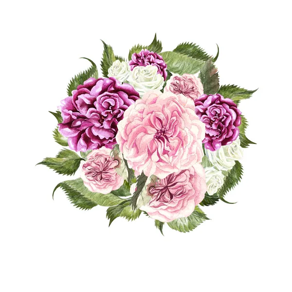 Akvarell esküvői csokor Rózsa, pünkösdi rózsa és bogyó. — Stock Fotó