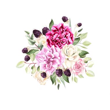 Güzel bir suluboya buket gül ve Şakayık çiçekleri, okaliptüs ve böğürtlen. 