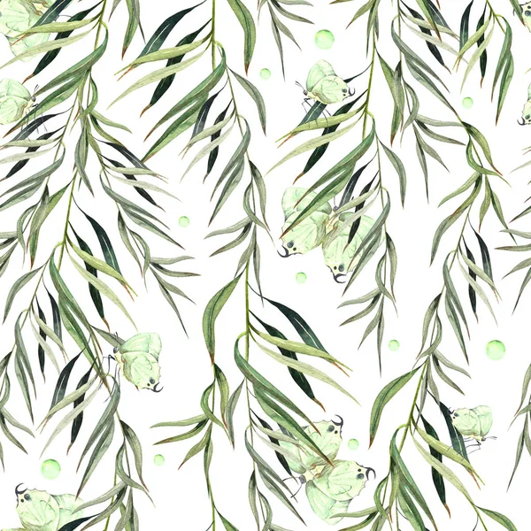 Watercolor seamless pattern witn eucalyptus branch and butterfly. Hand drawn illustration. — Stock Photo, Image