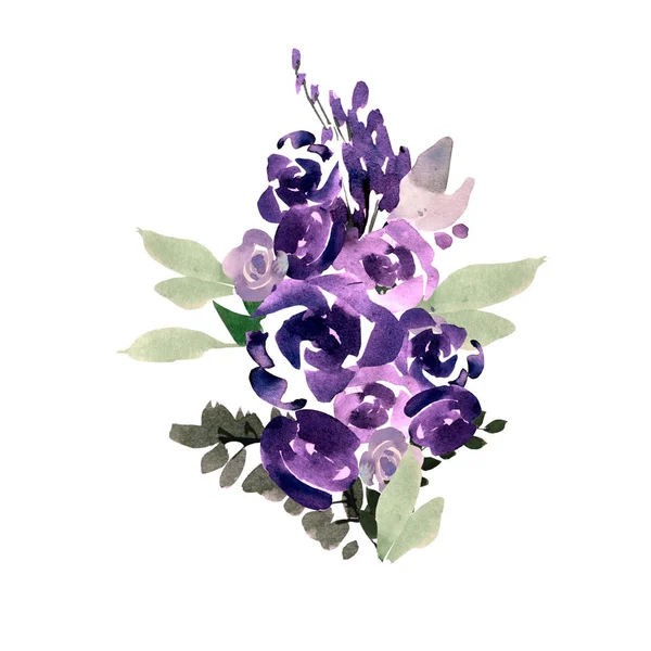 Прекрасный акварельный свадебный букет с фиолетовыми цветами . — стоковое фото