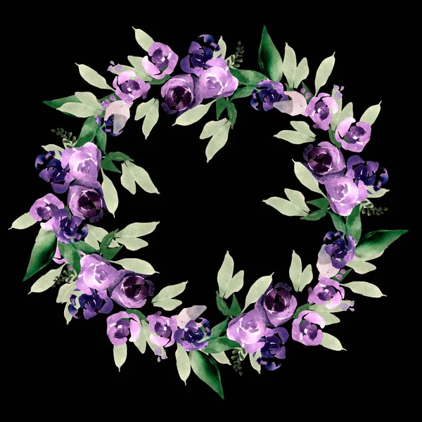 Beautiful watercolor wreath with purple flowers.