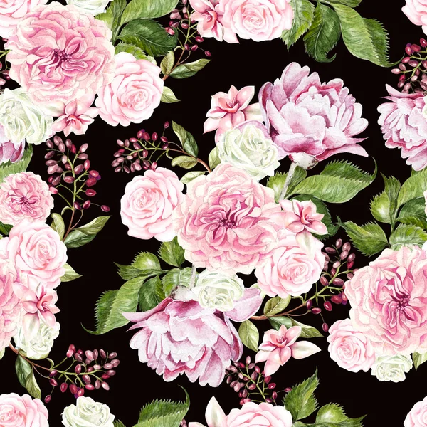 Hermoso patrón de acuarela con flores rosa y peonía . —  Fotos de Stock