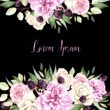 Güzel suluboya düğün kartı ile gül çiçek son okaliptüs. 