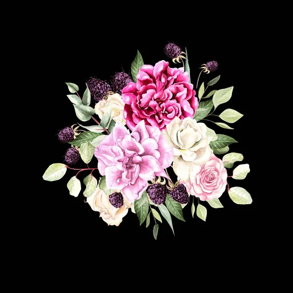 Egy gyönyörű akvarell csokor Rózsa, bazsarózsa virágok, eukaliptusz és Szeder. — Stock Fotó