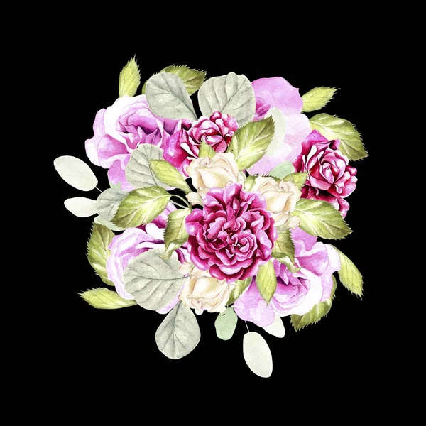 Gyönyörű akvarell csokor, rózsa és a pünkösdi rózsa virág, eukaliptusz. — Stock Fotó