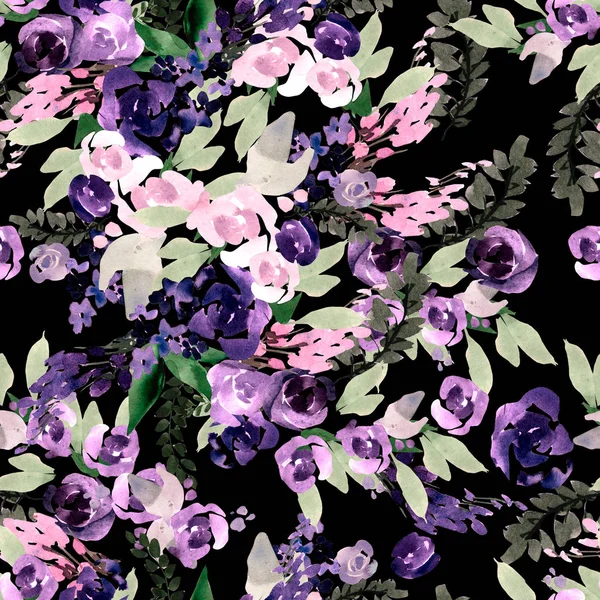 Piękny wzór akwarela z purpurowe i różowe kwiaty. — Zdjęcie stockowe