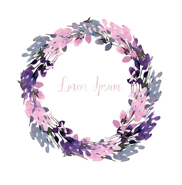 Bright and Beautiful watercolor wreath with purple flowers. — Stock Photo, Image