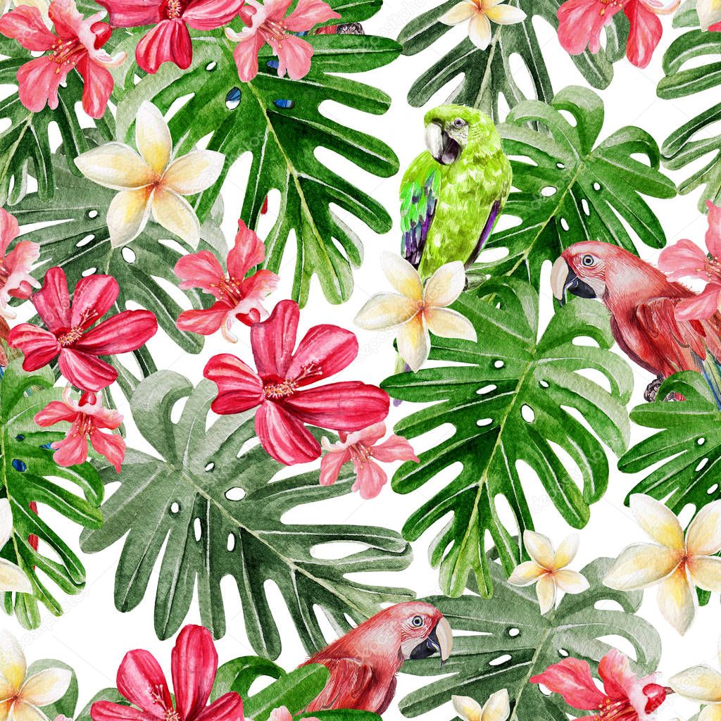 Beautiful bright watercolor pattern with tropical leaves and flowers Plumeria, Hibiscus and Parrot. 