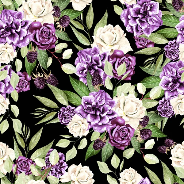 Rózsa virágok gyönyörű akvarell minta és a blackberry, eukaliptusz levelek. — Stock Fotó