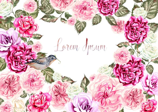 Belo cartão de aquarela com rosas e flores de peônia . — Fotografia de Stock