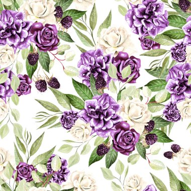 Çiçek gül ile güzel suluboya desen ve blackberry, okaliptüs yaprakları. 