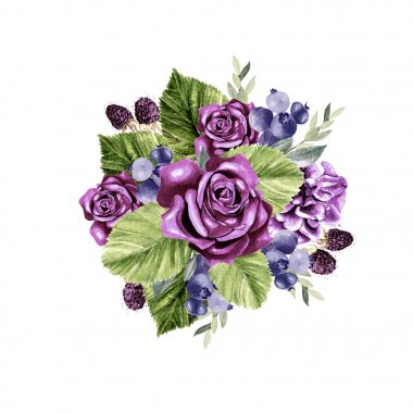 A beautiful watercolor bouquet with roses and peony flowers, eucalyptus and blackberries. clipart