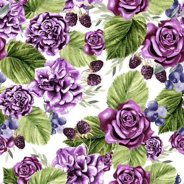 Piękny wzór akwarela z kwiatów róży i blackberry, liści eukaliptusa. — Zdjęcie stockowe