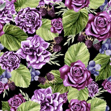 Çiçek gül ile güzel suluboya desen ve blackberry, okaliptüs yaprakları. 