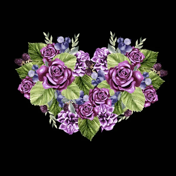 A beautiful watercolor heart with roses and peony flowers, leaves and berries. — Stock Photo, Image