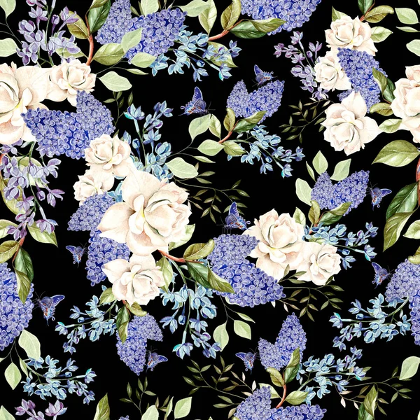 수채화 라일락과 장미 꽃으로 완벽 한 패턴. — 스톡 사진