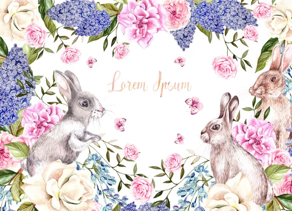 Belo cartão de saudação aquarela com coelhos de Páscoa. Com flores de rosas, lilases, peônias e borboletas . — Fotografia de Stock