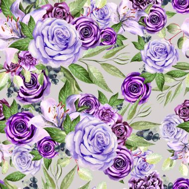 Çiçek gül ile güzel suluboya desen ve lily, okaliptüs yaprakları. 