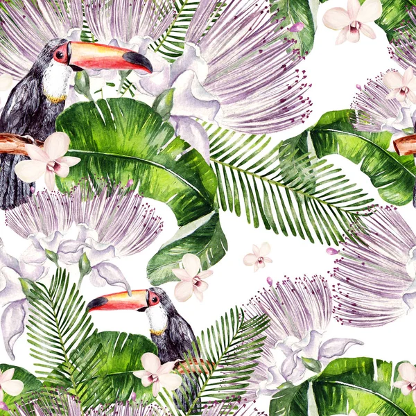 Bella acquerello senza soluzione di continuità, tropicale giungla motivo floreale sfondo con foglie di palma, fiore di rose, capperi e uccelli tukan . — Foto Stock