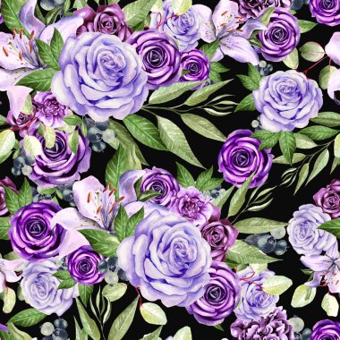 Çiçek gül ile güzel suluboya desen ve lily, okaliptüs yaprakları. 