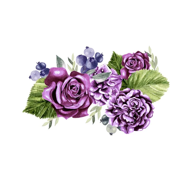 Egy gyönyörű akvarell csokor Rózsa, bazsarózsa virágok, eukaliptusz és Szeder. — Stock Fotó
