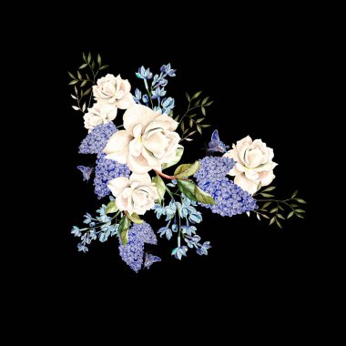 Güzel bir suluboya buket gül ve Lila çiçek. 